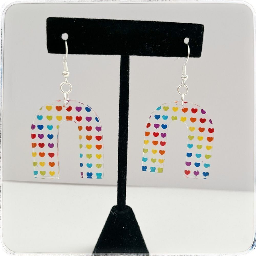 Handmade rainbow heart acrylic earrings